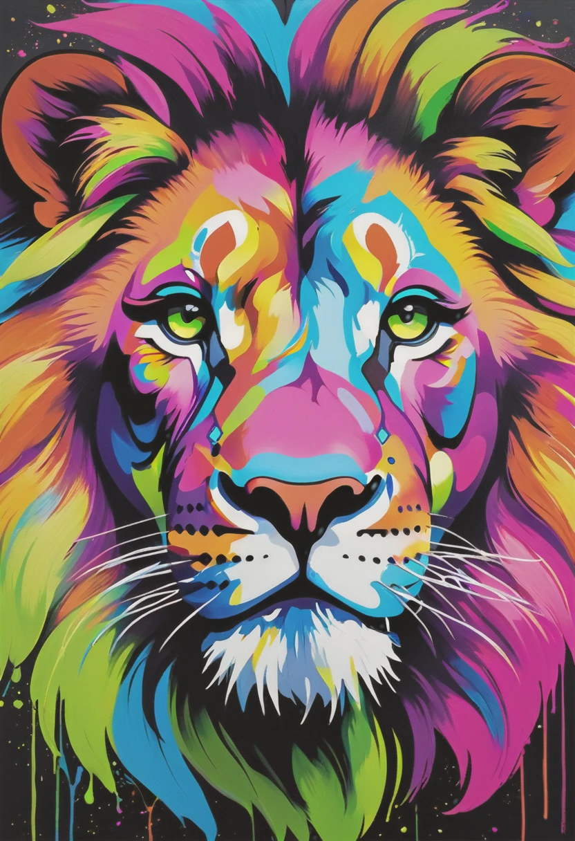 Generates an abstract painting, with strong and splashed brushstrokes, oil paint and acrylic paint, which is a mixture of colors between light blue, fluorescent green, violet, white, fluorescent yellow and pink, a contemporary work of art on a black canvas, These colors form a lion face, in one of the corners of the line it generates a signature that says [Marcos Perez], masterpiece, highlights the colors, highlights the texture, highlights the splash technique , 8k UHD resolution, Clear and well-defined details -Defines minimums, making it look modern, said art in turn generates a lion face, representing modern aesthetics and monumental beauty. Masterpiece, masterful, texture 3D, 3D efect, 3d render, cinematic, poster
