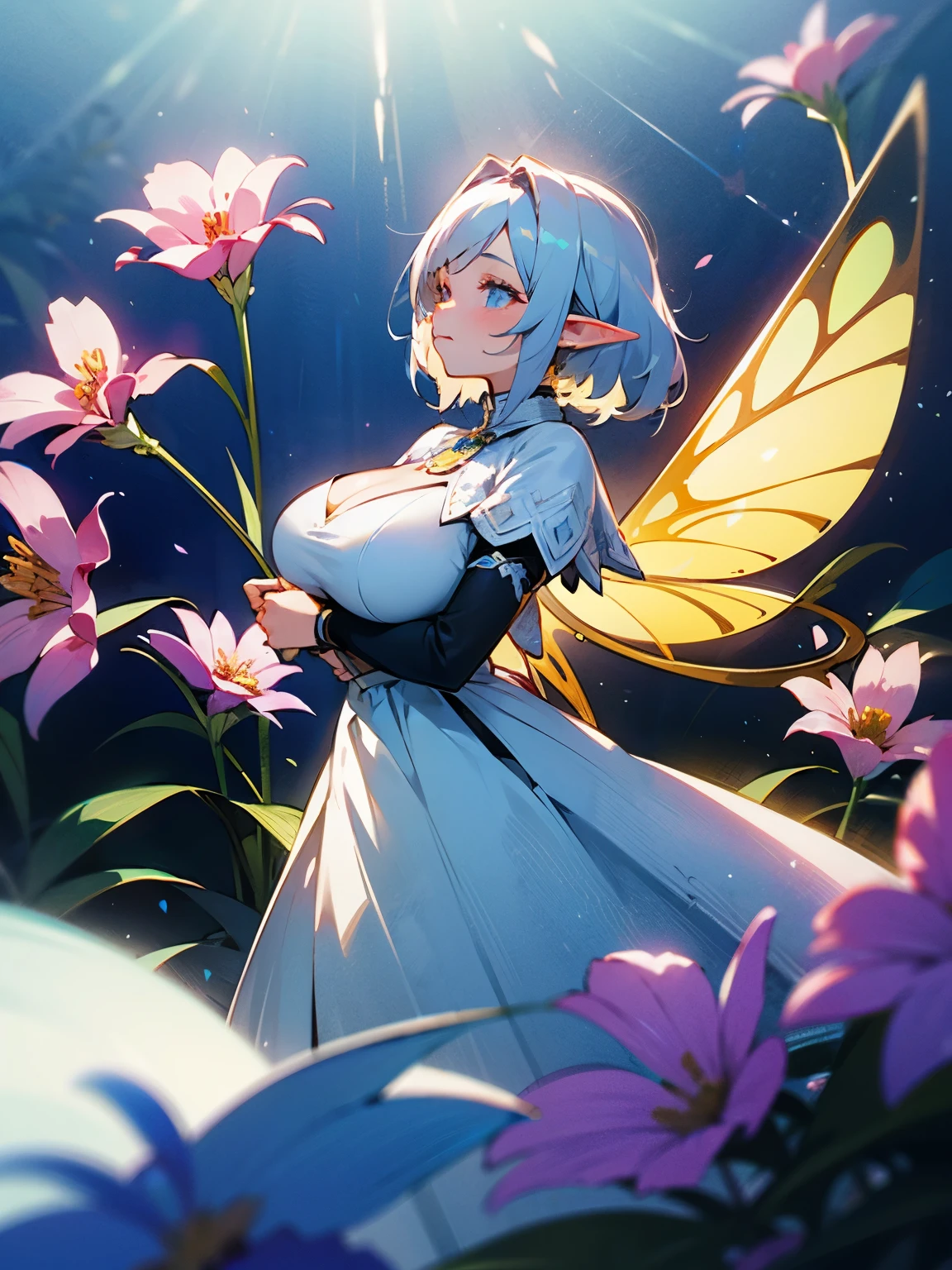 a girl wearing a white dress with flowers, a lot of flowers around, a magic forest background, pointy ears, fairy wings, magic powder, flying, (An ultra-high picture quality), ultra detailed, hdr, massive breasts