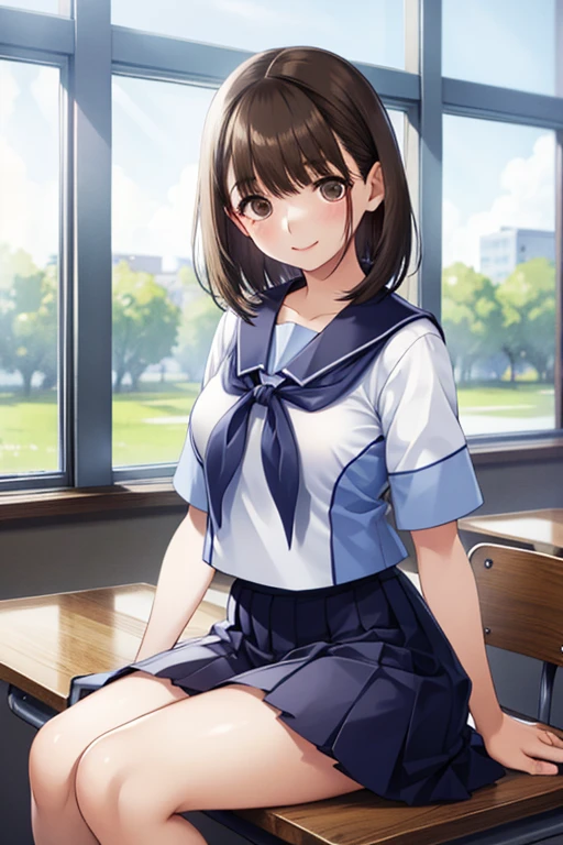 masterpiece, highest quality, High resolution, hmhy1, 

Short-sleeved sailor suit , Pleated skirt,  clavicle, serafuku, Shiny brown hair, short hair, Brown eyes、smile、Medium chest, 
Cowboy Shot, indoor, classroom, Sitting, machine, Chair,