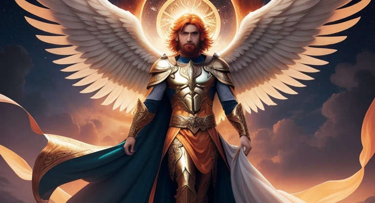 Long shot of a man flying with orange hair and angel wings, fantasy male portrait, Archangel Uriel , Michael Angelo inspirado, guapo impresionante realista, con alas doradas de fuego, glowing angelical being, angelical, angelical face, cuerpo completo, angel volando, ropa dorada y naranja, pelo naranja , hombre adulto, capa naranja y dorada, pelo corto, barba saliendo, angel adulto
