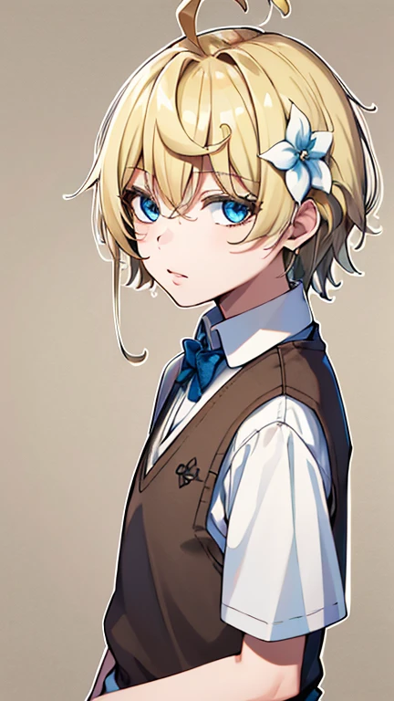 (Masterpiece, best quality, Highres:1.4),
omoribasil, outline, monochrome,
1boy, solo, solo focus, portrait,
blonde hair, head flower,
white shirt, sweater vest, brown shorts, short sleeves,
simple background,