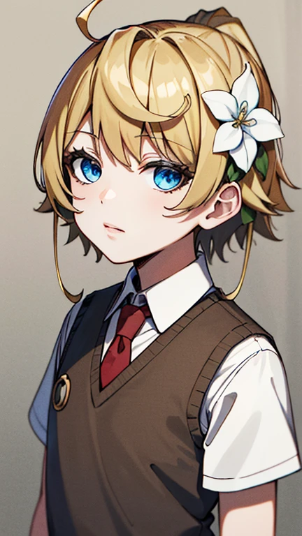 (Masterpiece, best quality, Highres:1.4),
omoribasil, outline, monochrome,
1boy, solo, solo focus, portrait,
blonde hair, head flower,
white shirt, sweater vest, brown shorts, short sleeves,
simple background,