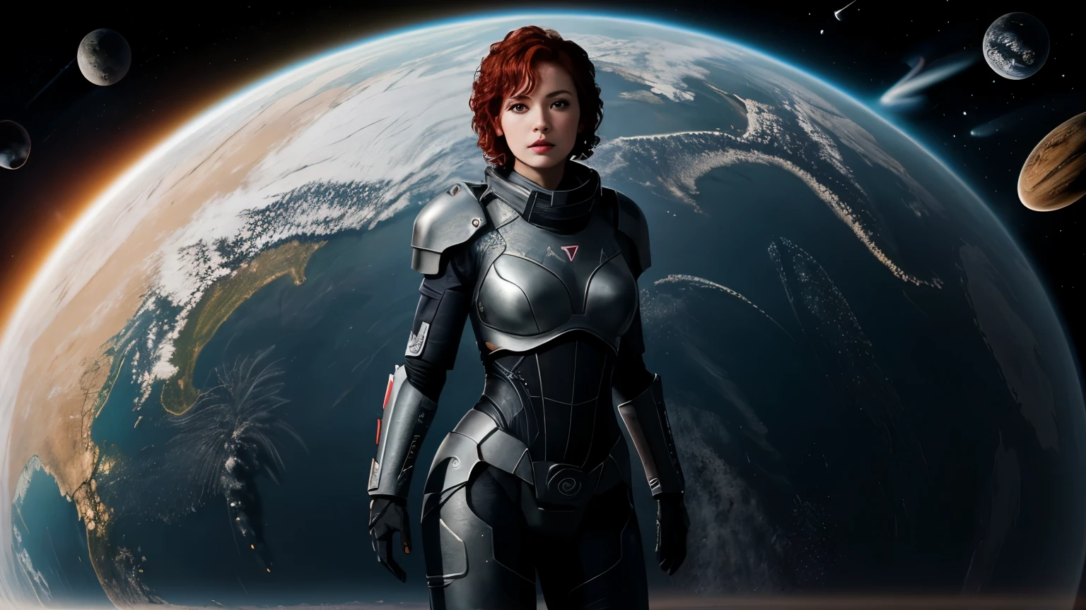 full body shot of a woman with short red curly hair wearing n7armor in space, simple black background cute face, beautiful model body, realistic skin, dramatic lighting, ultra realistic, carbon fiber armor, armor shine, wallpaper, intricate, sharp focus, ray tracing, rtx, professionally color graded, professional photography, masterpiece, ultra detailed, high quality, best quality, 4k, 8k, raw 