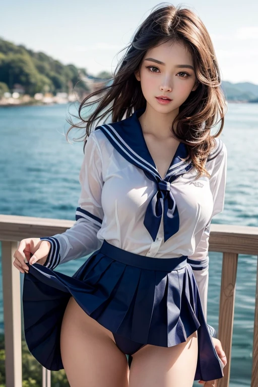 (masterpiece:1.2, best quality), (realistic, photorealistic:1.4), beautiful photos, (natural side lighting, movie lights), beautiful thighs, front view, 1 girl, High school girls, , perfect face, cute symmetrical face, glowing skin, ランダムなカラーのsailor suit、
(random hairstyle、blonde), big eyes, long eyelash chest), thin, High value、Beautiful hair that shows off your cleavage, beautiful face, beautiful beautiful eyes, beautiful collarbone, beautiful body, beautiful breasts, beautiful thighs, beautiful feet, beautiful fingers,
((High quality fabrics, sailor suit, black pleated skirt)),
(beautiful scenery),stand, (laugh, superior, open your mouth), (((skirt lift, I see white panties)))