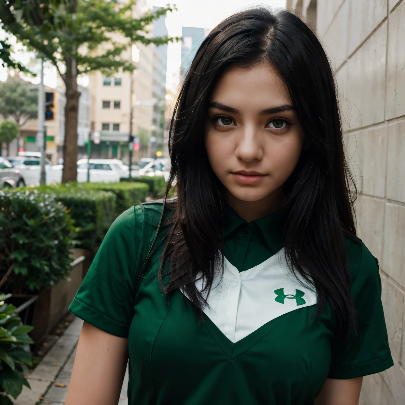 Black haired girl with green emerald eyes and UA uniform