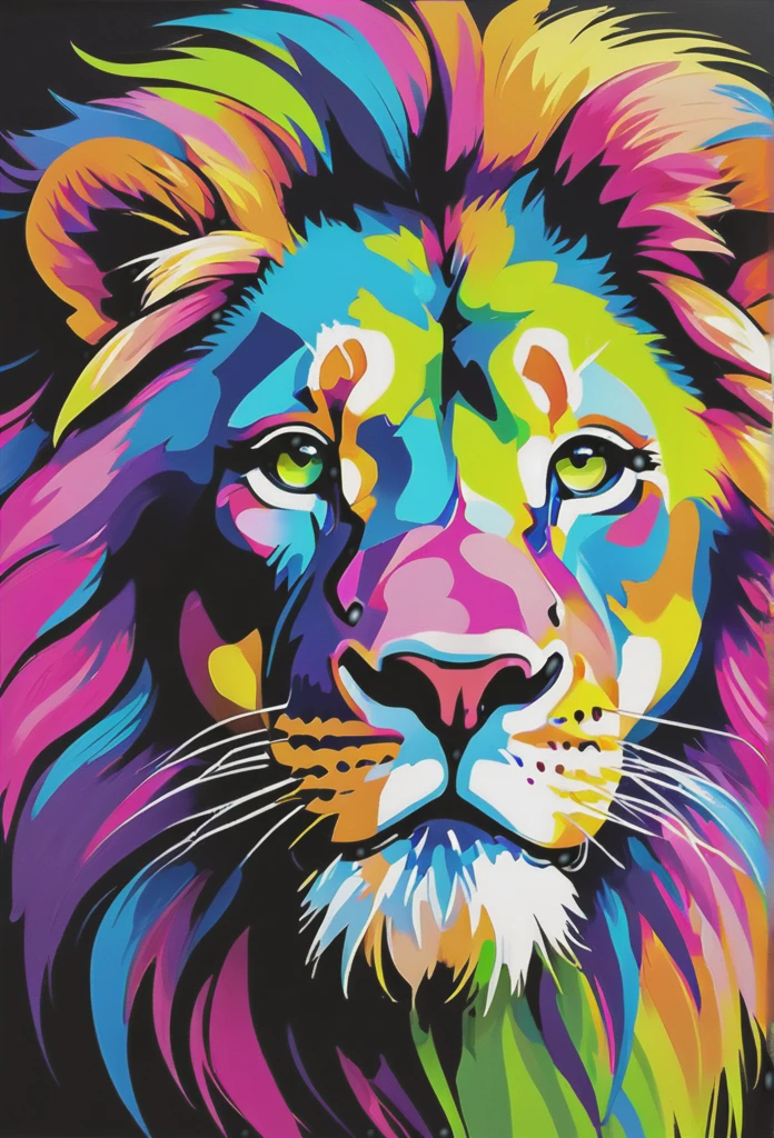 Generates an abstract painting, with strong and splashed brushstrokes, oil paint and acrylic paint, which is a mixture of colors between light blue, fluorescent green, violet, white, fluorescent yellow and pink, a contemporary work of art on a black canvas, These colors form a lion face, in one of the corners of the line it generates a signature that says [Marcos Perez], masterpiece, highlights the colors, highlights the texture, highlights the splash technique , 8k UHD resolution, Clear and well-defined details -Defines minimums, making it look modern, said art in turn generates a lion face, representing modern aesthetics and monumental beauty. Masterpiece, masterful, texture 3D, cinematic, poster