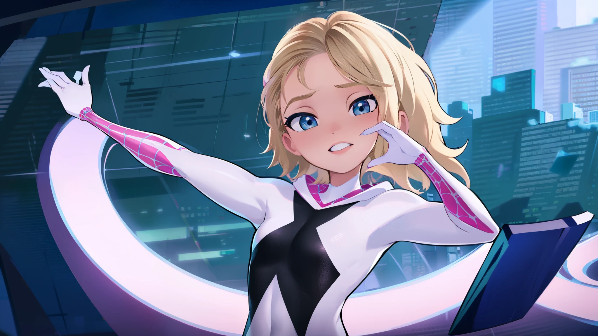 spider gwen in her full body costume with hand drawn lines, PAISAGEM DO FORTNITE