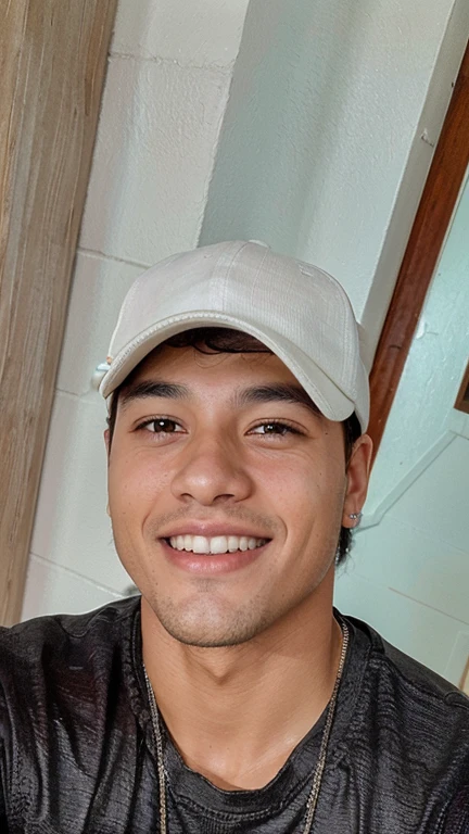 mejor calidad, Obra maestra, ultra high resolution, (fotorrealista: 1.4), foto cruda, 1Chico, Chico, brazilian young adult, pelo negro, blanco, Chico, Textura de la piel, sonriente