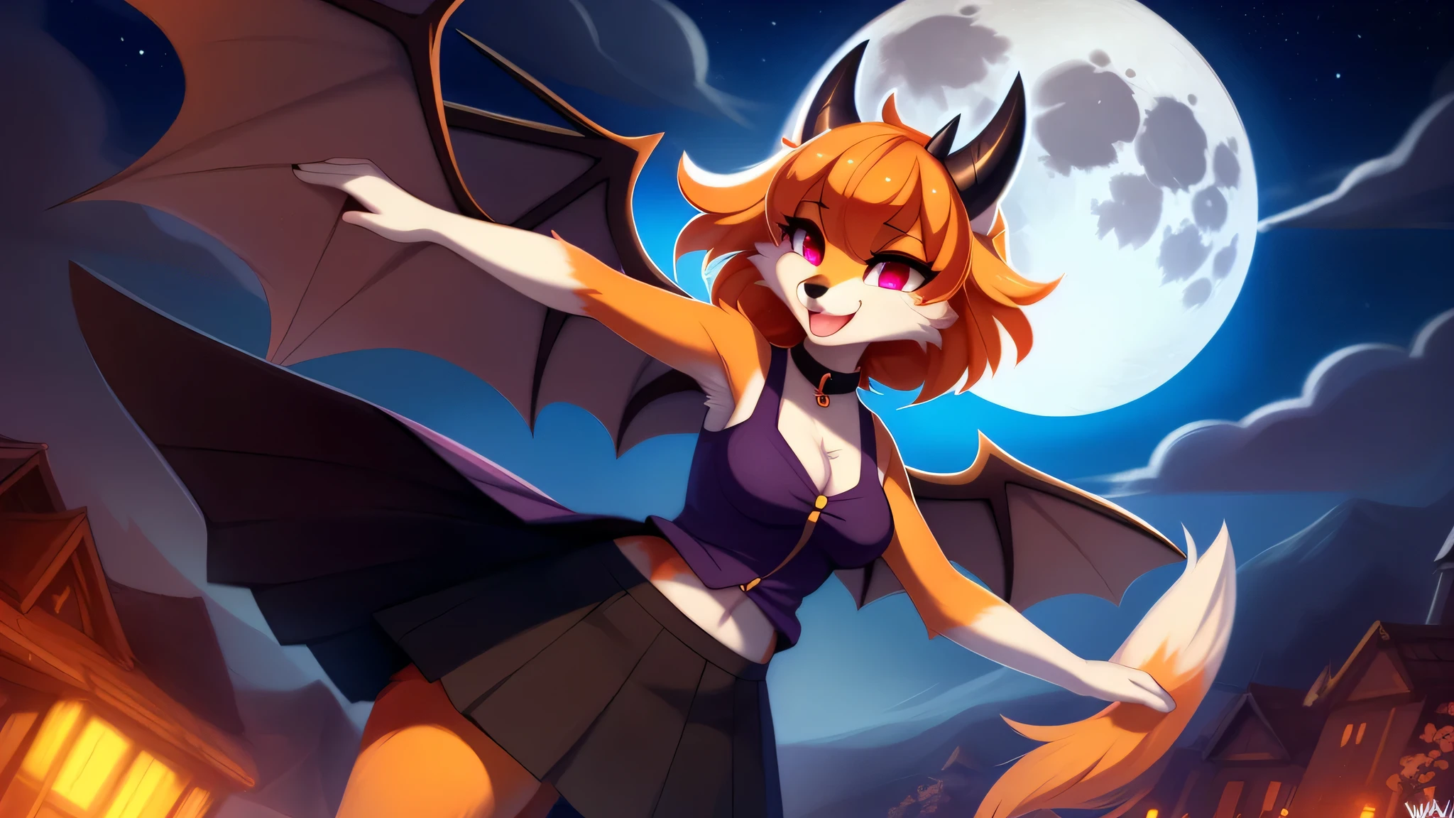 open smile, uploaded the e621, beautiful and detailed, woman (((female))) ((anthro)) Fox, (Fox girl), by waspsalad, by phluks, by zero-sum, night, full moon, hills, wind, cinematic lighting, Fox, (anthro, fluffy fur, character focus:1.1), 1girl, anthro fox girl, body fur, orange fur, orange body, orange hair, curvy, sexy, nice, cute, hot, comfortable anime-style cartoon-style, digital drawing, (half-closed eyes), dark purple clothes, sleeveless, skirt, pink eyes, glowing eyes , (horns, black horn, white horn, black wings), bangs, action pose