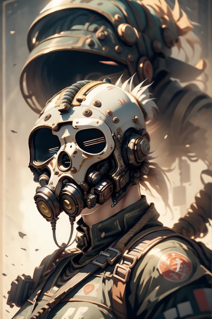 Unreal Engine: 1.4, CG 64K Ultra-realistic, Photorealistic: 1.4, Skin Texture: 1.4, Masterpiece: 1.4, Portrait Unreal Engine: 1.4, CG K Ultra-realistic, Photorealistic: 1.4, Skin Texture: 1.4, Masterpiece: 1.4 , close up photography :1.4,, cuerpo completo, wearing a gas mask in the army, biological warrior, Evolutivo, Toxina, Biological weapons, guerreros, verde:1.5, naranja:1.1, blanco:1.3, amarillo:1.3, (rapero con pelo aterrador),tatuajes, (ropa power puffer:1.2),Abstract lines and circles background.
