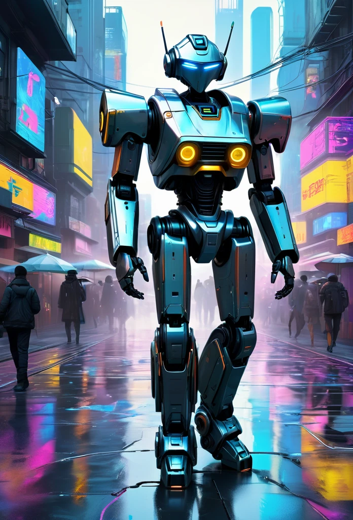 Generates a digital cyberpunk art where the classic android robot , 3D impressionism, ultra-clear details, masterpiece, 8k UHD resolution, urban street background