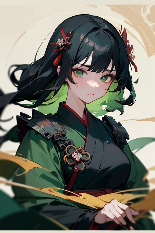 1 girl, heroine, Beautiful, Ink splashes, Chinese armor, (upper body), black hair, floating hair, tender eyes, black and green antique damask Hanfu, line of sight, (F1.8), (masterpiece), (portrait shot), Foreground, White background, (movie poster), weapon