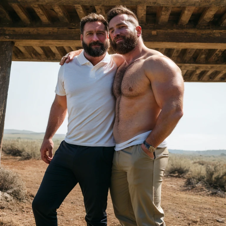 Capture an 8K, hyper-realistic portrait of a man around 50 years old, wearing a white polo shirt and wine-colored chinos. His body is chubby and he flaunts a disheveled military-style short haircut. A rugged beard covers his face, giving off a lumberjack vibe. beside him, another man revealed himself, muscular with an abundant hairy chest. Both men's bodies need to be shown in their entirety, with a focus on the hair on their chests in hyper-realistic style. photography inspiration from Greg Rutkowski's photography, keep a high level of realism, accentuating the men