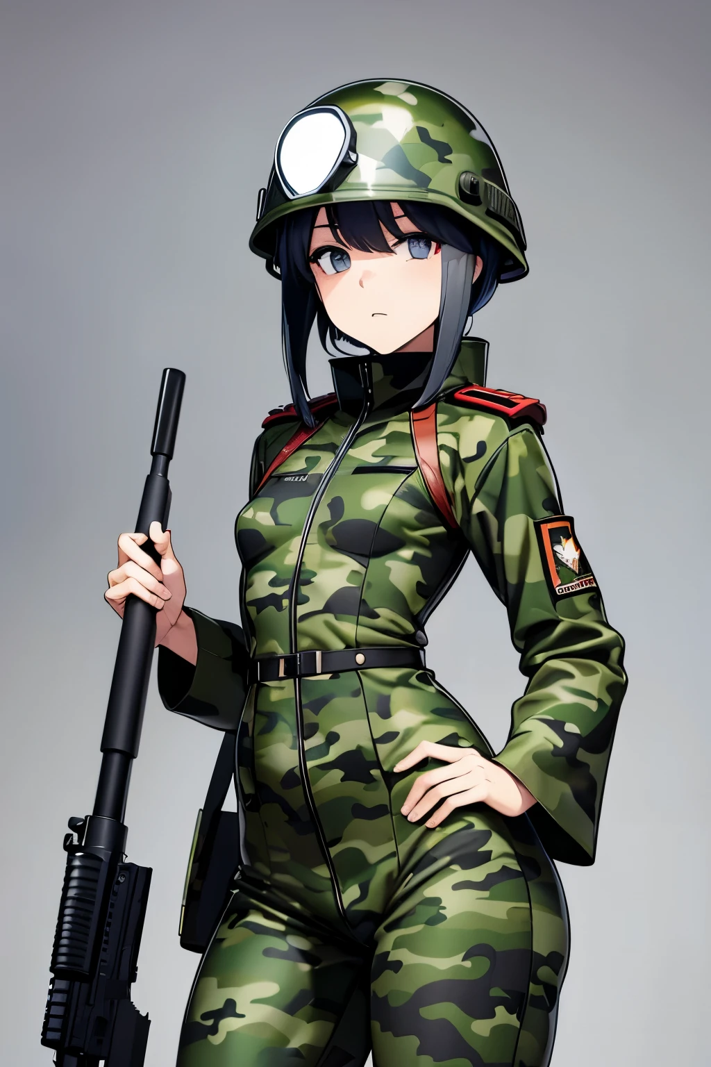 (Japanese women,one person,Anime Style,Full color CG images:1.5),
可愛らしいAnime StyleのJapanese womenを描写したフルカラーのCG画像を生成してください。
Her personality and charm are revealed,Create images with an artistic feel。
BREAK,
(Very small breasts:1.6),
(small hips,Iris,Slanted Eyes,Narrow waist:1.5),
small hipsととても大きい胸が特徴で,IrisとNarrow waistが彼女の独自の魅力を引き立てています。
Generate images that represent women with this unique style。
BREAK, 
(Camouflage military uniform,Automatic rifle,Camouflage helmet,:1.5),
Camouflage military uniformを身に着け、Wearing a camouflage helmet、Automatic rifleを構えた人物を描写した画像を生成してください。
BREAK,
The camera angle captures her from head to toe.,
Highlighting her beautiful fashion and attractive figure。
(Looking at the audience,Cowboy Shot,Background,A plain grey background:1.5),
BREAK,
(Perfect Face,完璧なhand,完璧なfeet,Perfect Fingers,Detailed facial features,Detailed garment features:1.5),
Perfect Face,hand,feet,Can you tell me the scene where you hold a finger?。
Each part is beautifully arranged down to the last detail.。
Experience perfect symmetry and harmony。
at the same time,Detailed facial featuresと衣服の特徴も加え、Highlight your individuality and uniqueness。
Vivid and very sharp details(Ultra Sharp Detail:1.5)と見事なcolor depth(color depth:1.25)Must be full of。The image is、It needs to mimic the unparalleled clarity and color vibrancy of photos taken with ultra-high-end cameras like the Hasselblad H6D-400c MS or the Fujifilm XT3。
