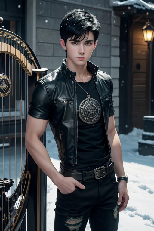 Ian Nelson 20 year old boy with open black jacket blue t-shirt with snow print short black hair punk style yellow locks black jeans green eyes black leather belt silver buckle muscular build slim cross medallion silver bracelet looking straight at viewer holding a harp
