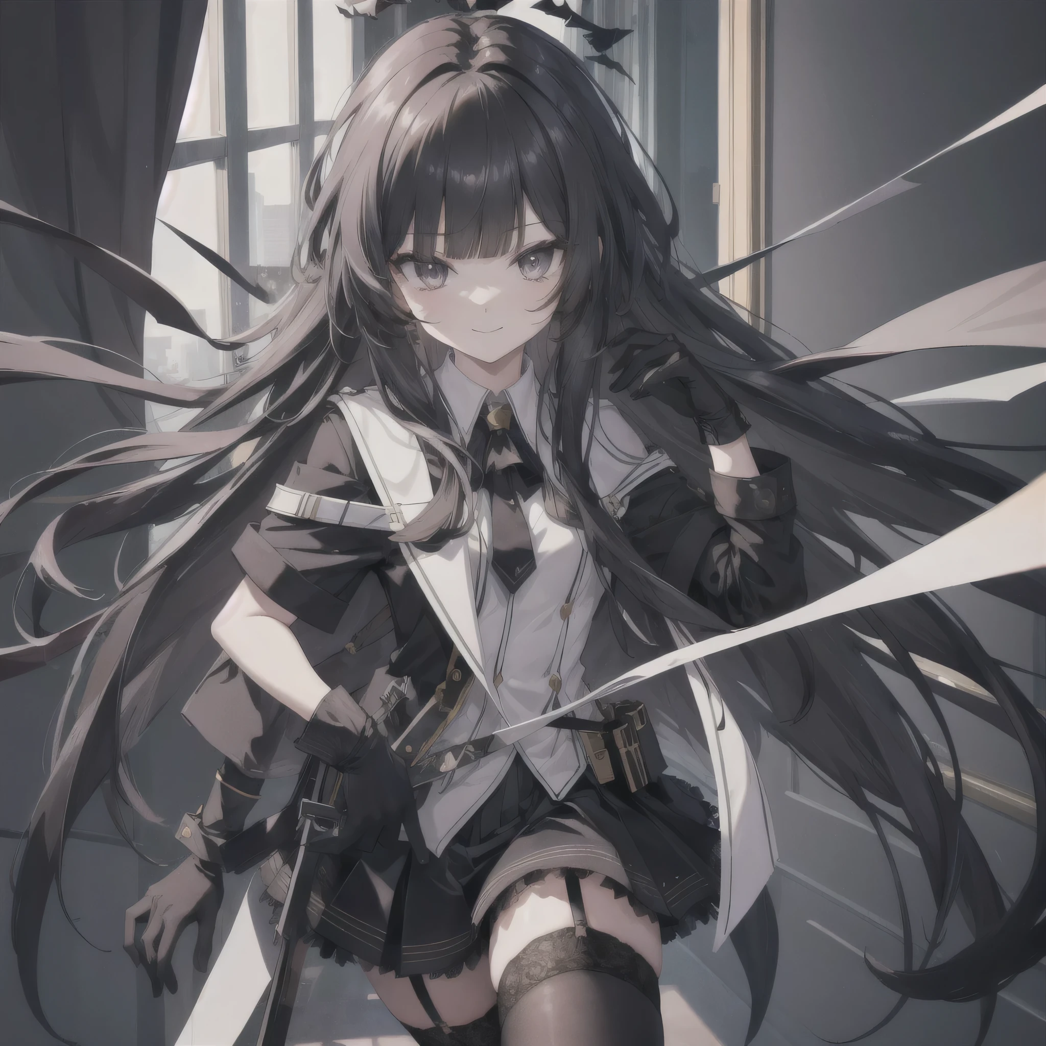 ((masterpiece)),(best quality),official art,extremely detailed CG,unity 8k wallpaper,ultra detailed,1girl,solo,upper body,(portrait:1.2),very_long_hair,black_hair,black_thighhighs,looking_at_viewer,garter_straps,black_eyes,smile,bangs,black_footwear,high_heels,black_skirt,black_gloves,belt,blunt_bangs,cute,really attractive, 4k upscale