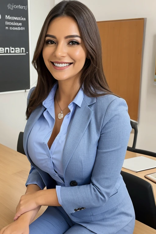 Secretaria joven, en una oficina, sentada cruzando las pienas, sonriendo, dando la bienvenida