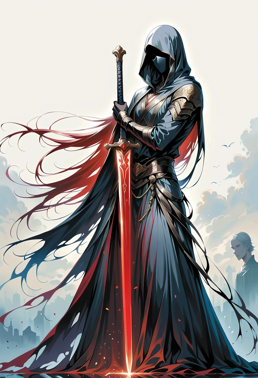 Chinese swordsman,Simple lines,Abstract Art,Holding a red long sword,
