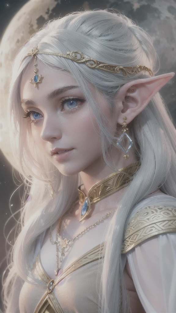 A female elf，（best qualtiy，8K，tmasterpiece:1.3），largeeyes，long eyelasher，brunette color hair，Exquisite（live-action realistic style），Ultimate face，Photorealistic light and shadow，Star-like eyes，Clear facial features，Milky white skin，Fair skin， highdetailskin， Realistic skin details， Visible Pore，（Super detail），Petite body，Carmelto， Majority，perfect figure beautiful woman:1.4，Golden wire，（（dynamicposes）A crystal crown is worn on his head），Two ice planet backgrounds，（Binary orbital flight），space，salama，Dramatic scenes，Huge snowy mountains