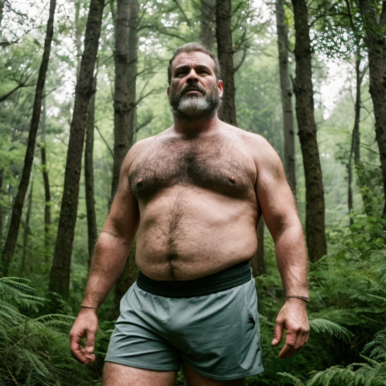 all, giant, middle-aged man wearing small shorts, um com regata branca e cueca vinho e outro sem camisa, looking at a smaller man in the forest, photography and cinematic style, epiCRealism, (masterpiece), (best quality), high resolution, thin body, photographic texture, film effect , body texture, high sharpness, very hairy body. Inspirando-se na fotografia de Greg Rutkowski, maintain a high level of realism while highlighting the man&#39;s natural, rugged appearance