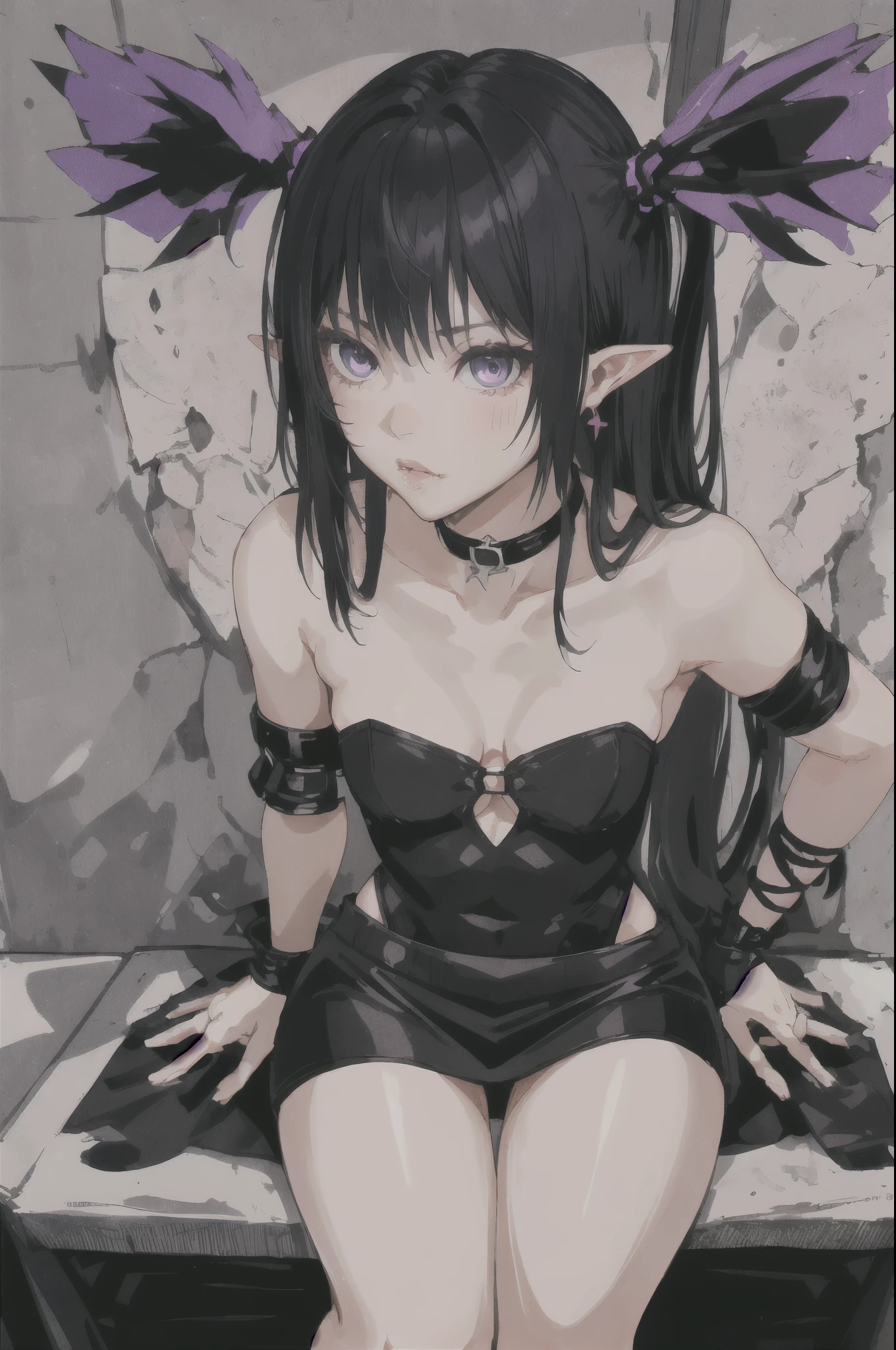 1girl, long black hair, purple eyes, beautiful eyes, pointy ears, detailed lips, pout, choker, collarbone, bare shoulders, small breasts, wide hips, (black revealing clothes), (mini dress), cleavage, (mini skirt) , thigh gap, black fingerless gloves, (royal background), hip dips, thick thighs, half body, close up, portrait, sitting down, goth aesthetic, posing