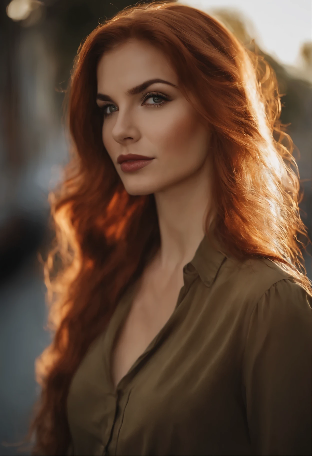 profesional, (foto 4k:1.1) por (Jeremy Lipking:0.3), (Anna Dittman:0.3), (marca ariana:0.3), (sharp focus:1.3), Alto detalle, agotador (camisa apretada:1.2), hermoso rostro detallado, An attractive woman with long red hair looks at the camera, resembling actress Katherine McNamara., Panasonic Lumix S Pro 50mm F/1.4, Anne Stokes, salpicadura de color, naranja oscuro y esmeralda oscuro, ferrania p30, foto realista, (mujer joven atractiva:1.3), (Seductor:1.1), (rubor:1.1), forma del cuerpo con curvas, pechos grandes y redondos, Caderas anchas, en la ciudad de fondo, tomando selfie, agotador jumper