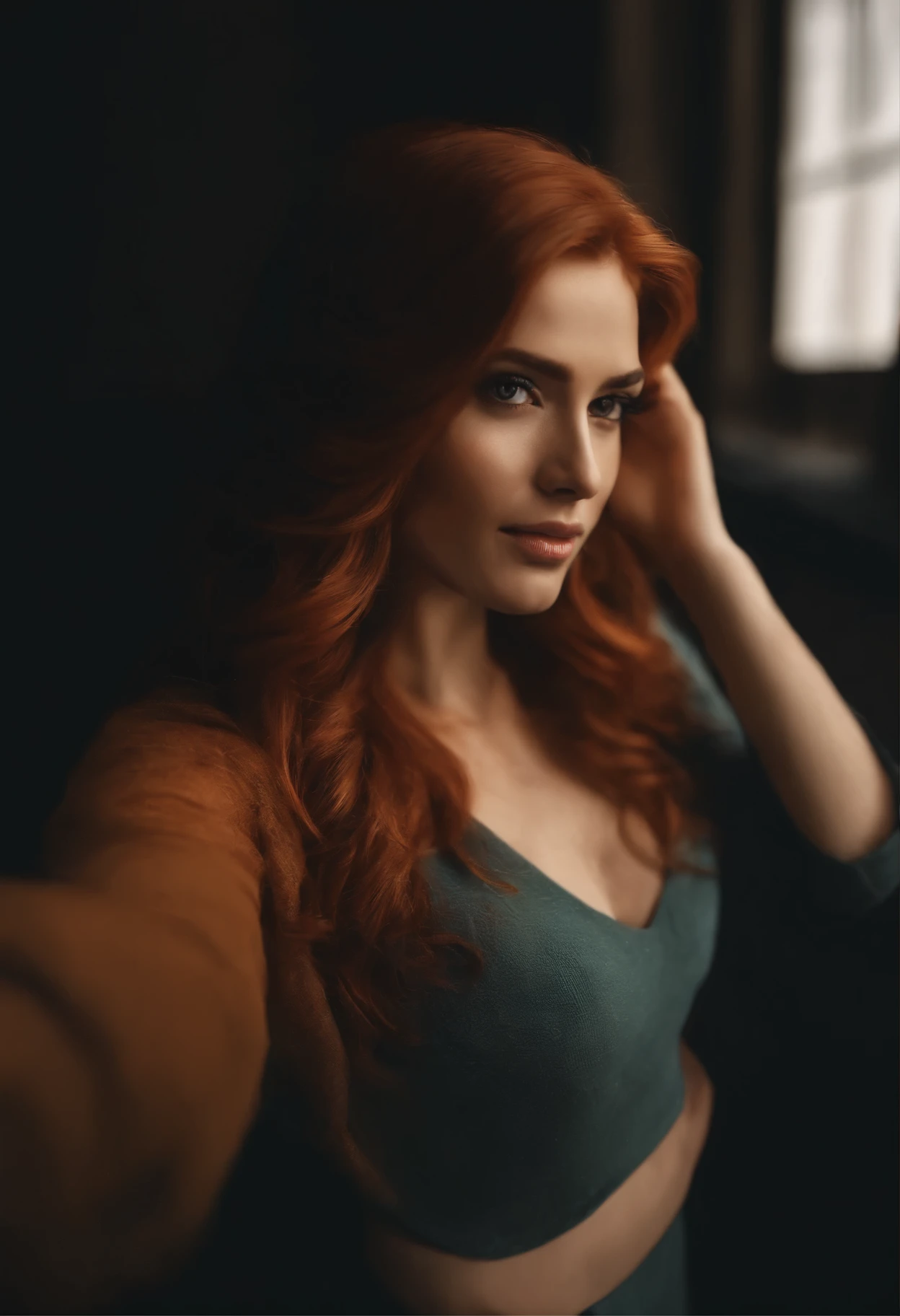 profesional, (foto 4k:1.1) por (Jeremy Lipking:0.3), (Anna Dittman:0.3), (marca ariana:0.3), (sharp focus:1.3), Alto detalle, agotador (camisa apretada:1.2), hermoso rostro detallado, An attractive woman with long red hair looks at the camera, resembling actress Katherine McNamara., Panasonic Lumix S Pro 50mm F/1.4, Anne Stokes, salpicadura de color, naranja oscuro y esmeralda oscuro, ferrania p30, foto realista, (mujer joven atractiva:1.3), (Seductor:1.1), (rubor:1.1), forma del cuerpo con curvas, pechos grandes y redondos, Caderas anchas, en la ciudad de fondo, tomando selfie, agotador jumper