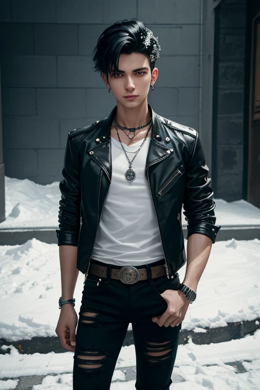 Andrea Pallaoro 20 year old boy with open black jacket blue t-shirt with snow print short black hair punk style yellow locks black jeans green eyes black leather belt silver buckle muscular build slim cross medallion silver bracelet looking straight at viewer holding a harp
