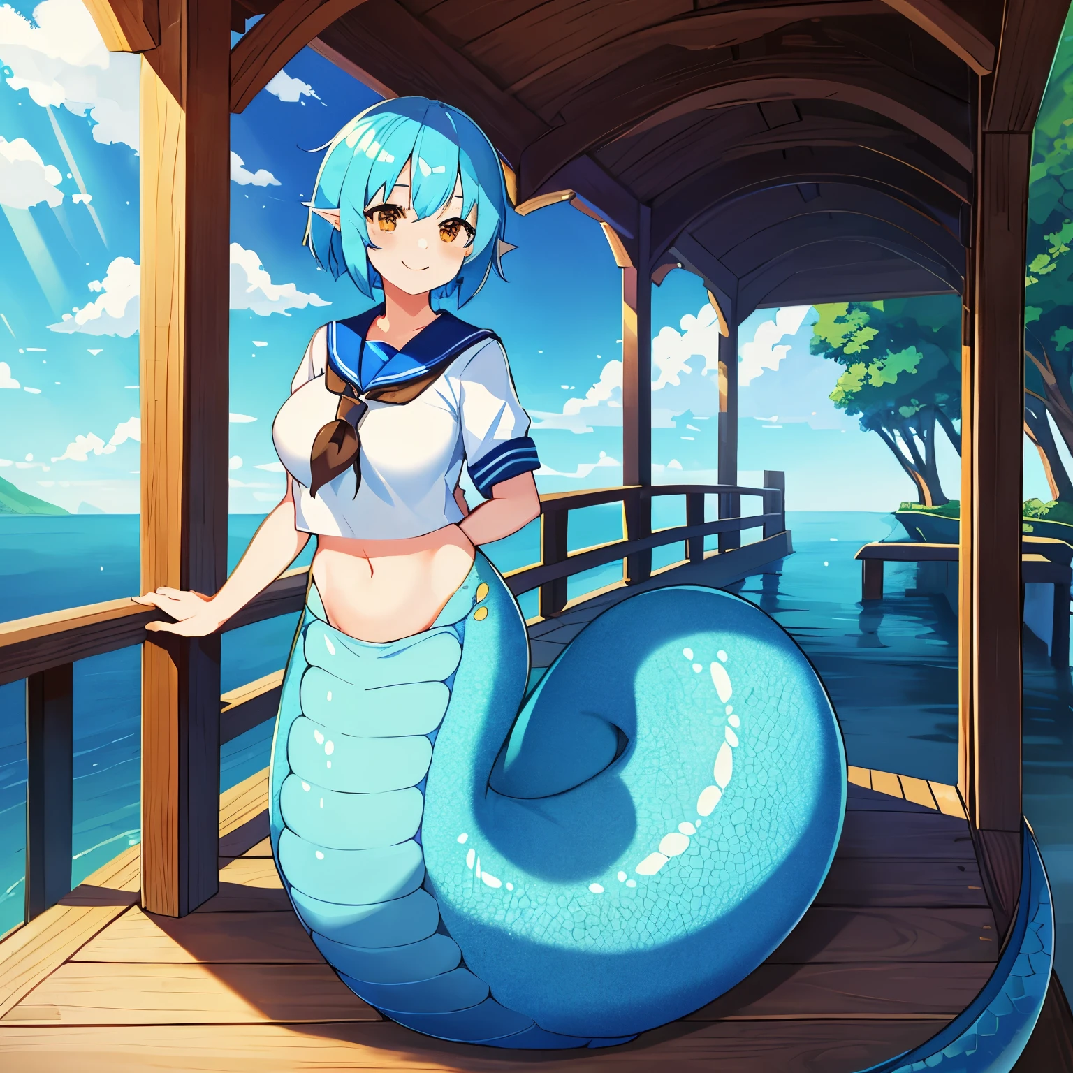 1girl, lamia, blue scales, tail, standing, sailor uniform, short blue hair, ful body, 4k, 8k, highres, best quality, bridge, sea, solo, wallpaper, masterpiece, smiling, brown eyes