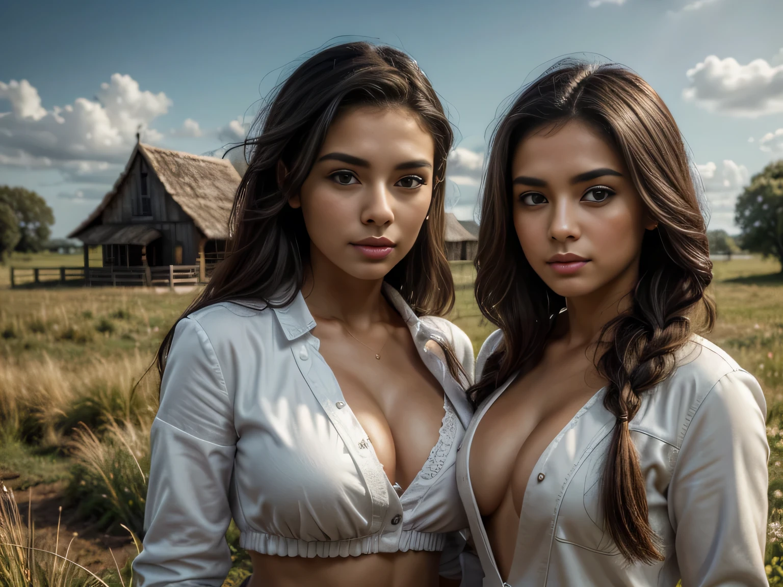 Best quality, masterpiece, Beautiful, 2 young latina women, looking straight at viewer, wearing simple open shirt, open white jacket on top, posing on grassfield, professionalism, teen age, detailed face, detailed body, symmetric face, big cute eyes, cute happy face, dynamic pose, deep cleavage, perfect anatomy, photorealistic, curvy body, braid hair, 8k, ultra realistic, widescreen desktop wallpaper, small farmhouse background, waterland, ambient occlusion