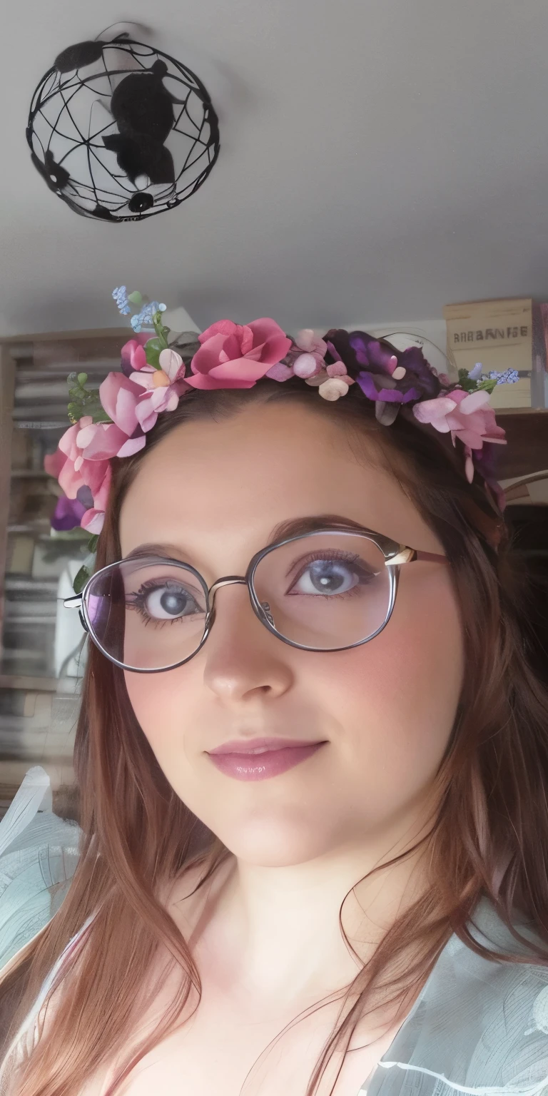 arafed woman with glasses and a couronne de fleurs on her head, wearing a couronne florale, des fleurs sur les joues de l'heir, regard de fée, porter un casque de fleurs, couronne de fleurs, couronne florale, Son visage est une fleur mauve, coiffe florale, fairy, photo de profil, fille portant des lunettes rondes, porter de fines grandes lunettes rondes, couronne de roses, flower tiara
