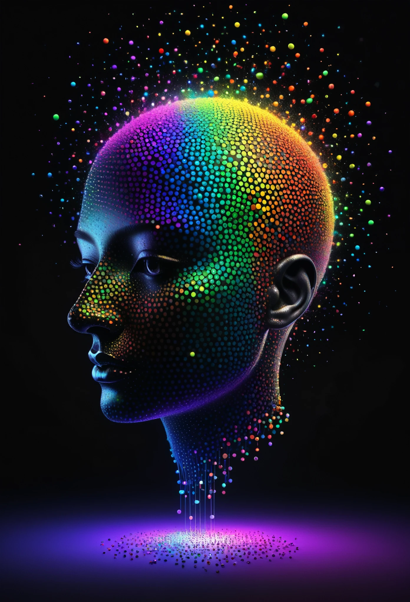 Stunning 3D rendering, I have space in head, thin, glowing multi-colored dots, minimalistic drawing, expressive rainbow RGB colors, the inscription at the bottom of the composition i A masterpiece of digital art, beautiful, colorful, surreal, dark fantasy, typography, 3d render, conceptual art, ukiyo-e