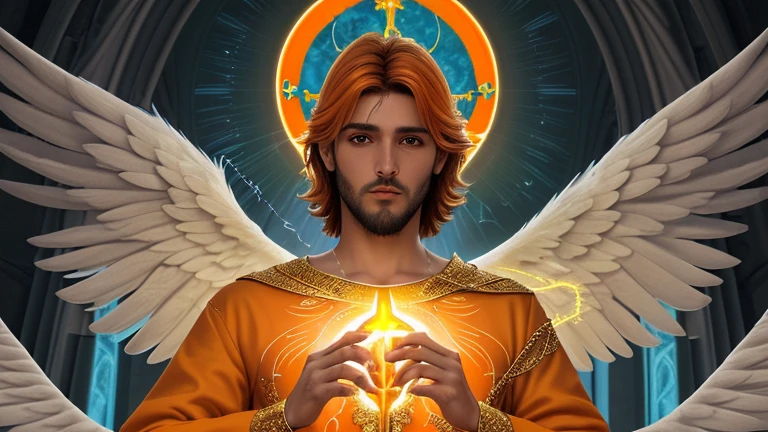 Illustration of Archangel Uriel, hombre adulto con ropa, show full body of angel, hombre, cielo, atardecer, aura sagrada naranja y dorada, cinematographic, luz realista, fantasy male portrait, Arcangel Uriel, con alas doradas de fuego, angelical, angelical face, cuerpo completo, ropa dorada y naranja, hombre adulto, pelo corto, rostro angelical, fondo angelical