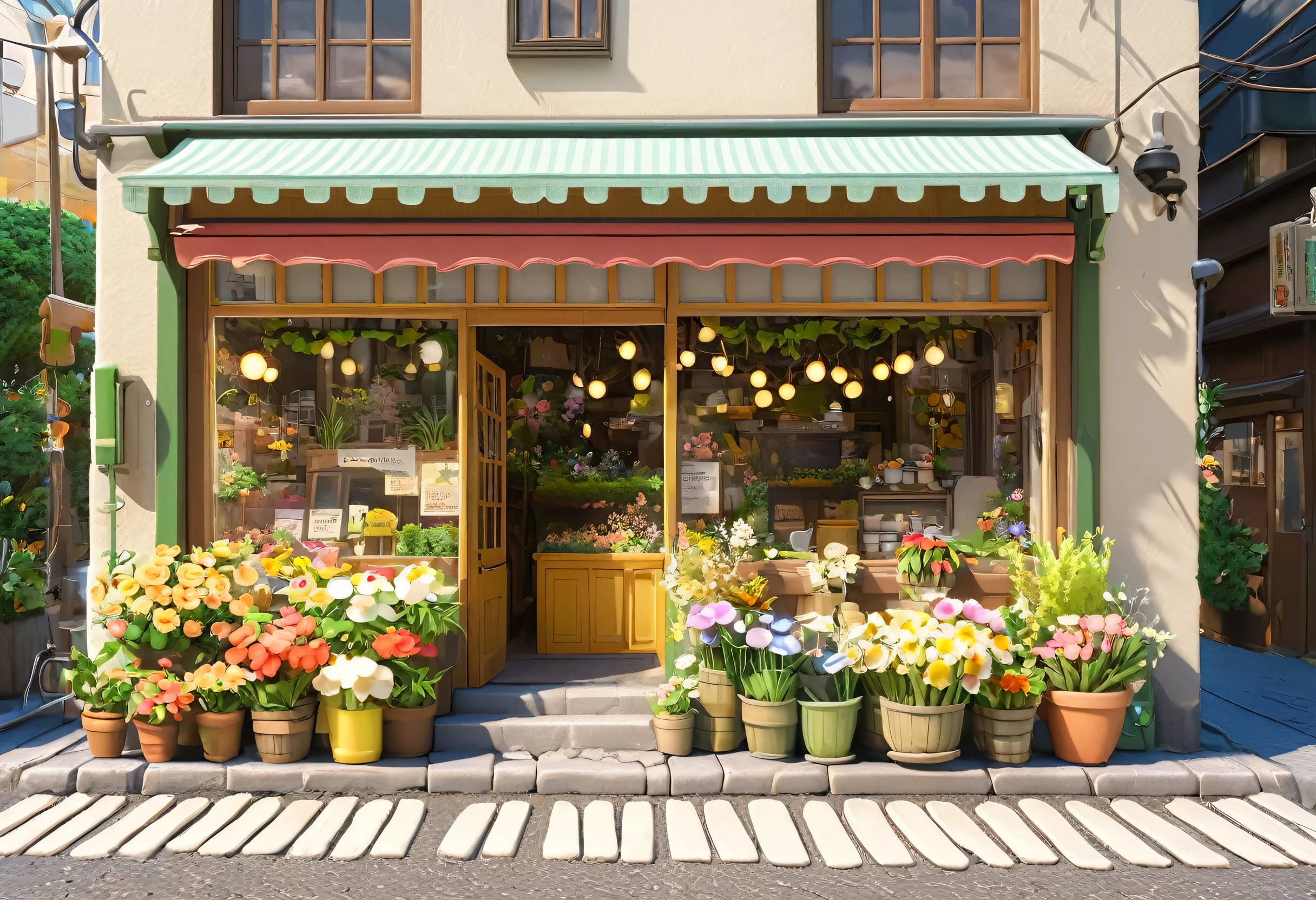 there is a small car parked outside of a flower shop, miniature cafe diorama, flower shop for mice, flower shop, flower shop for felted animals, japanese akihabara flower shop, cute flowershop, cozy cafe background, ghibli studio style, studio ghibli sunlight, photorealistic streetscape, studio ghibli aesthetic, sunshine light, flowershop, storefront, flower shop scene, shop front