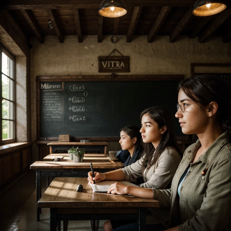 (Best quality, ultra-detailed: 1.2), film noir, moody lighting, photo of a classroom in the countryside, lush greenery outside, students diligently working on their desks, farm produce displayed on tables, agricultural tools hanging on the walls, chalkboard filled with equations and notes, focused expressions on their faces, harvest time ambiance, (al fresco learning: 0.8), (studious atmosphere: 1.3), rustic elements, natural textures, (shallow depth of field: 0.5), (pupils dilated: 0.5), (warm colors: 0.7), (detailed facial features: 