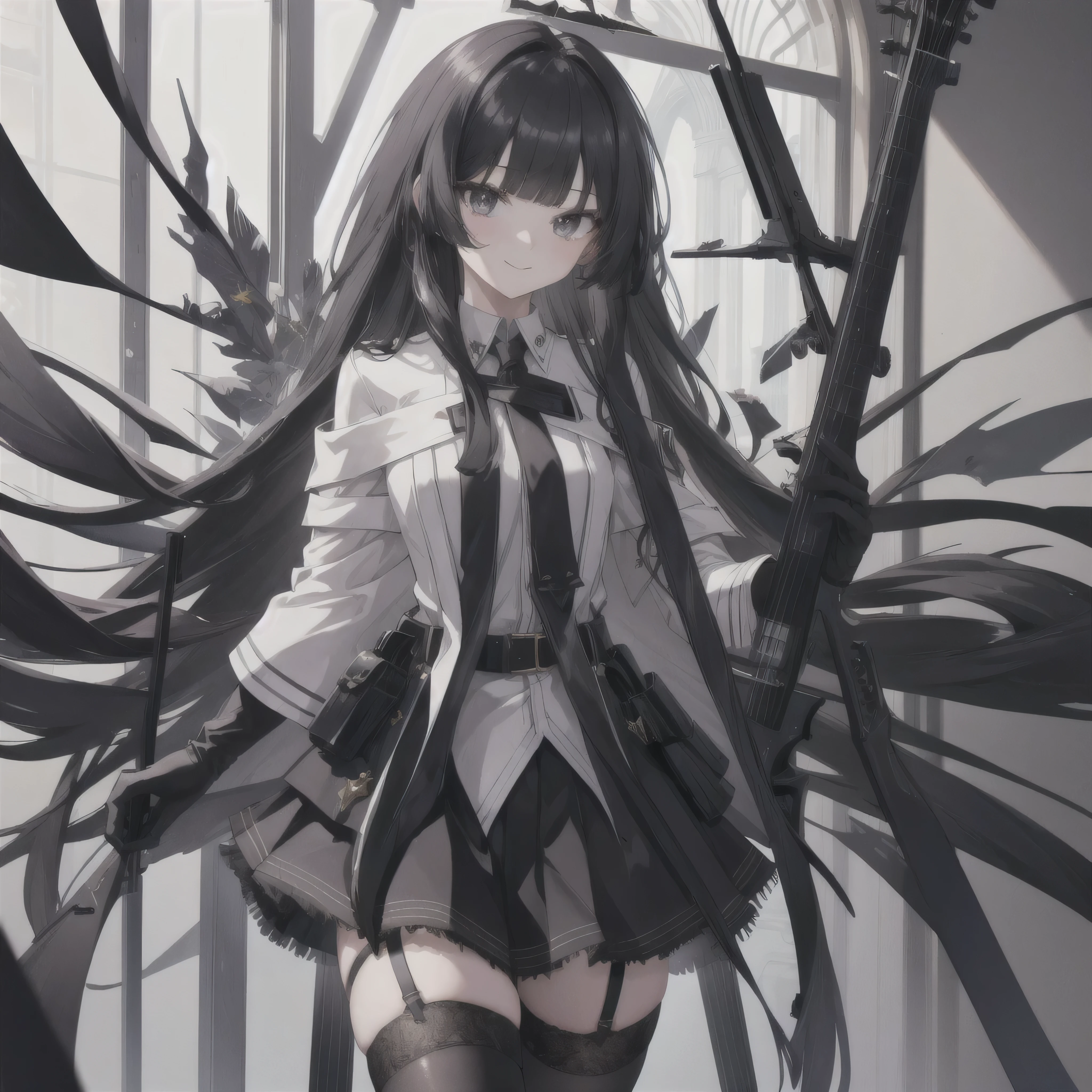 ((masterpiece)),(best quality),official art,extremely detailed CG,unity 8k wallpaper,ultra detailed,1girl,solo,upper body,(portrait:1.2),very_long_hair,black_hair,black_thighhighs,looking_at_viewer,garter_straps,black_eyes,smile,bangs,black_footwear,high_heels,black_skirt,black_gloves,belt,blunt_bangs,cute,really attractive, 4k upscale