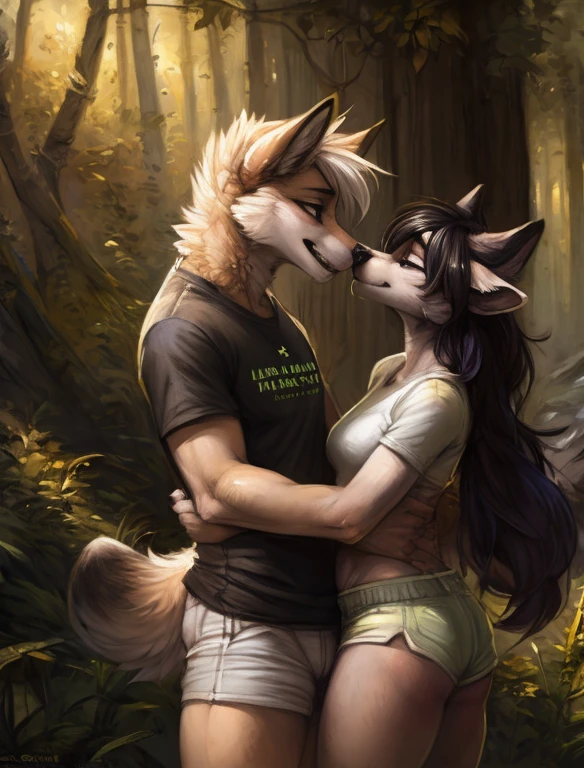 by kenket, Ross Tran, ruan jia, zaush, foxovh, by Zackary911, by hyattlen, by teranen, by fumiko, by Pixelsketcher, by Bayard Wu, by Thomas Benjamin Kennington, by Einshelm, by Kilinah, by Coffeesoda, by Hioshiru, by fluff-kevlar, bye r-mk, by Dimwitdog, Duo, Male and Male, Inside forest, Mountain background, (Male wearing Green logo shirt and White shorts), Making out