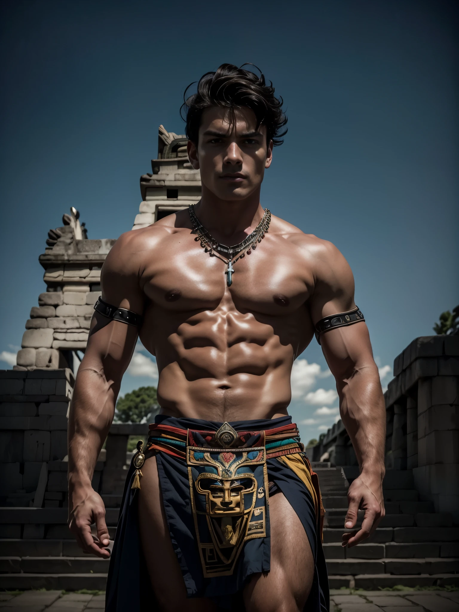 Photorealistic, mexican male model , ((best quality)), ((masterpiece)), (detailed),masculine portrait of young aztec god prince, 18-year-old male models, handsome, tall, cute looking, evil look, dark look, powerful, young male, handsome model, clean shave, green eyes. (short curly messy brown hair), messy curly hair, (short hair:1.4) strong, muscular, fit, massive muscles, six pack, shirtless, barechested, muscle, ripped, strong body, fit body, aztec neckless, aztec loincloth, (aztec draped cloth skirt), aztec garment, aztec pyramid in the background, (dark night background:1.2) (aztec temple:1.4), 8k, high detailed, ultra-detailed, Stylish Pose, real skin texture, dark cinematic lighting,