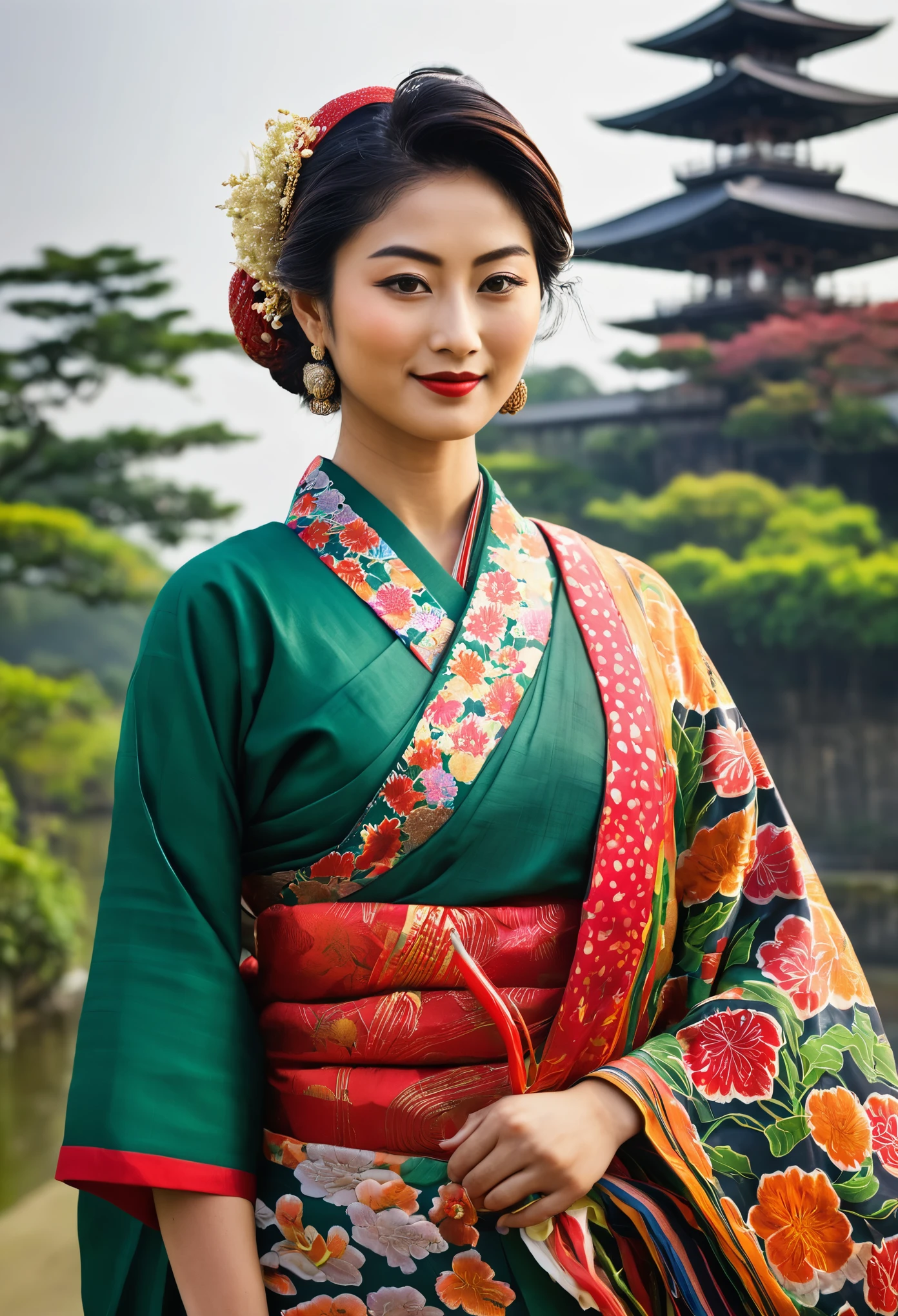 Generate an image showcasing diverse cultural elements from bangladesh & japan. Include symbolic representations of various cultures, such as traditional attire, iconic landmarks, and cultural artifacts, to convey the richness and diversity of human heritage.