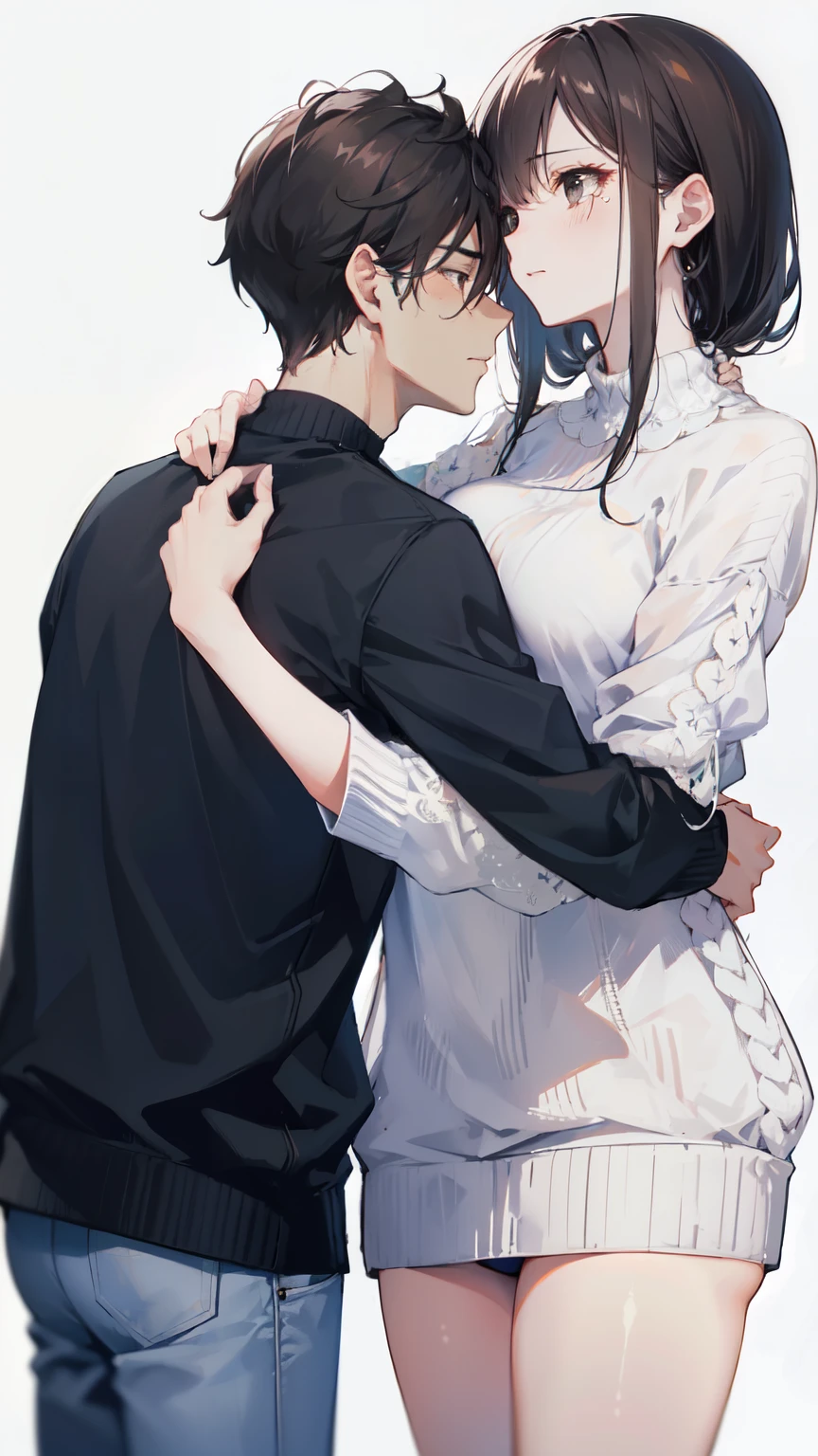 "4K supenseful Fantasy scene on pure white background: Mature couple gentle back to back. Man with black hair and black eyes, And the woman with her elegantly tied brown hair and charming brown eyes that shed tears, medium breast, The woman wore a white sweater cosy on."