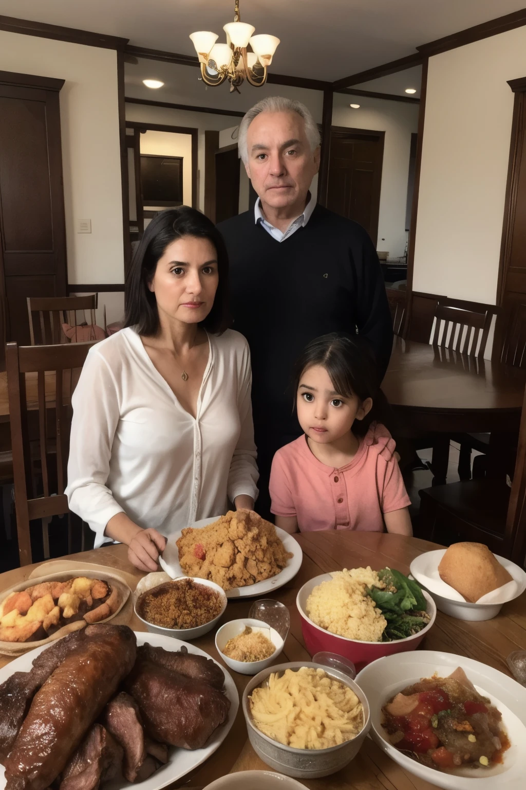 Large and spacious dining room, warm ambient lighting, happy Spanish family 1 father 45 years, and 1 mother 35 years with two children 10 & 14 years sitting around a dining table, only father with a sad and surprised expression from spicy food, heartburn, a table laden with delicious meat and poultry dishes, no wine glass, natural light, extremely realistic, highly detailed, UHD,((best quality)), ((masterpiece)), (detailed), perfect face
