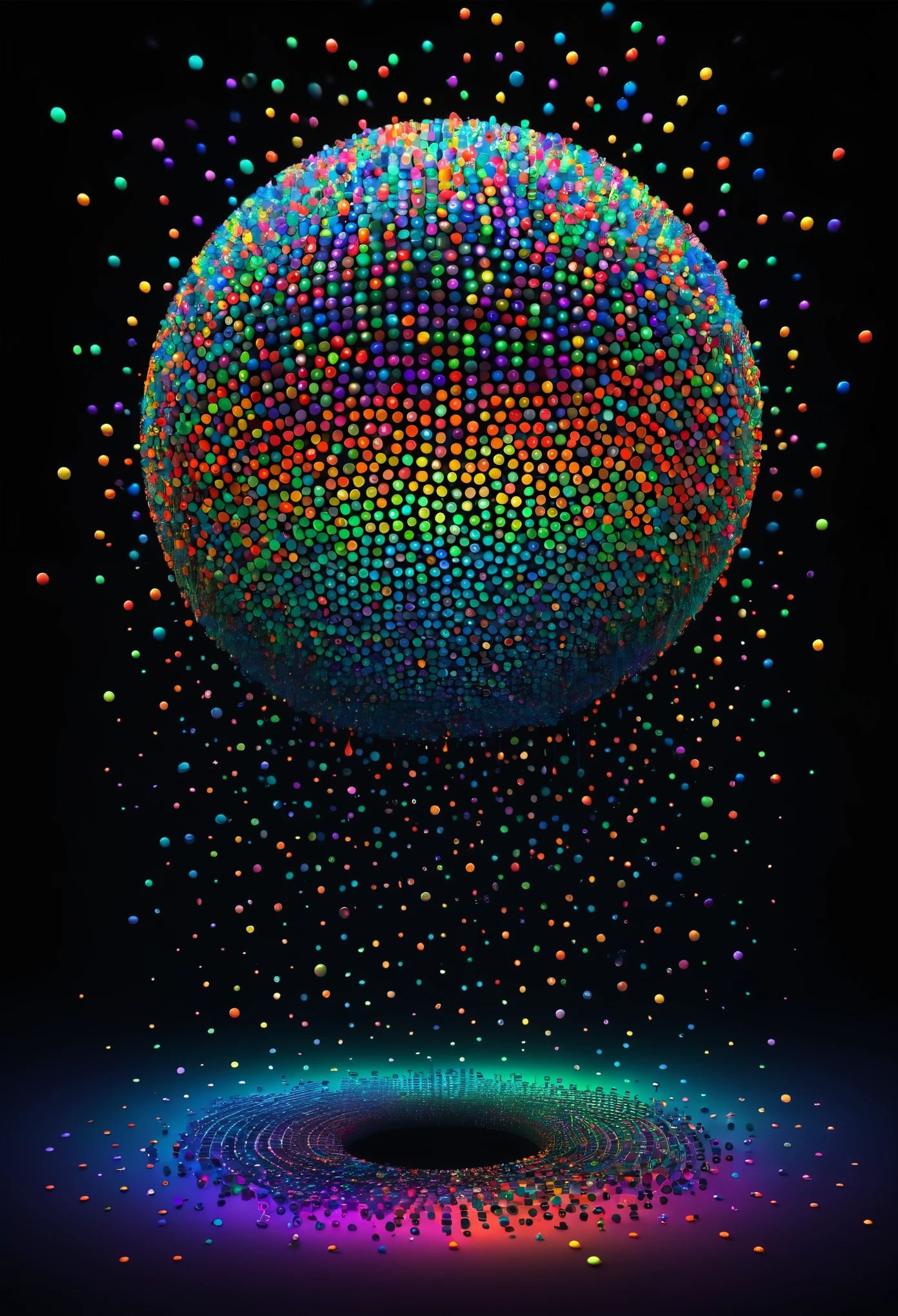 Stunning 3D rendering, I have space in head, thin, glowing multi-colored dots, minimalistic drawing, expressive rainbow RGB colors, the inscription at the bottom of the composition i A masterpiece of digital art, beautiful, colorful, surreal, dark fantasy, typography, 3d render, conceptual art, ukiyo-e