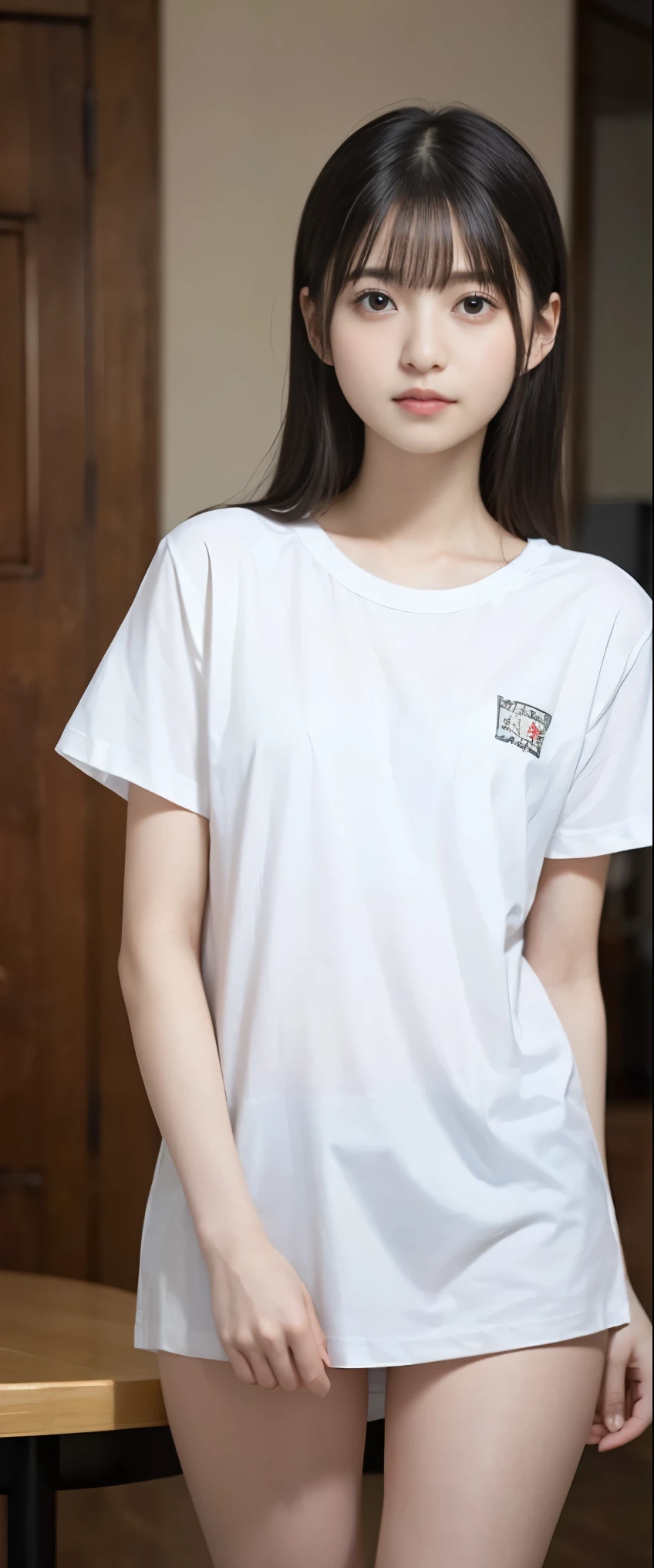 ((Perfect ???????:1.3)、(Complete Hand:1.3)、(face it head on)、Realistic、RAW Photos、Tabletop、highest quality、High resolution、Delicate and beautiful、Perfect Face、Beautiful details、Fair skin、Real human skin、pores、((Thin legs))、(Black Hair):1.2), 8k, Standing half-length 12-year-old girl, 85mm,公式AR RAW Photos, Super slim slender beautiful girl、White T-shirt with short sleeves、Show me your ears、