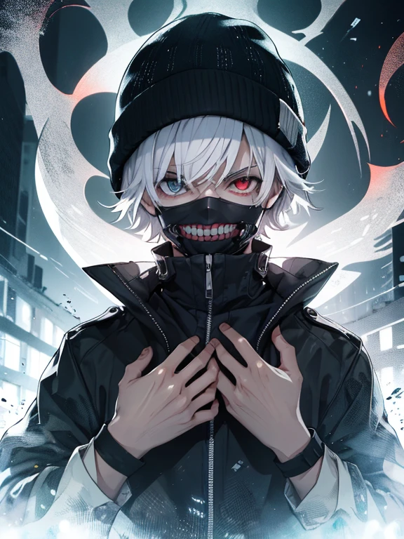 un personaje masculino, kaneki-ken, sudadera, lluvia que gotea, paleta de colores rojo y negro, Ojos y rostro detallados., ojos rojos, cabello plateado, aura amenazante, ambiente oscuro, mysterious atmosphere, intense expression, urban configuration, humo y sombras, presencia inquietante, Elegante y vanguardista, trazado de rayos, perfect combination of light and dark, mirada intensa, Presencia cautivadora, elegant and sharp, contraste de rojo y negro, emociones intensas, poderes sobrenaturales sugeridos, calles empapadas de lluvia, un aire de peligro, enigmatic persona, Urban Gothic Aesthetics, Clima tormentoso, cautivador y seductor, un toque de rojo sangre, Calles llenas de humo, melancholic protagonist, cielos tormentosos