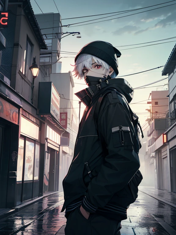 un personaje masculino, kaneki-ken, sudadera, lluvia que gotea, paleta de colores rojo y negro, Ojos y rostro detallados., ojos rojos, cabello plateado, aura amenazante, ambiente oscuro, mysterious atmosphere, intense expression, urban configuration, humo y sombras, presencia inquietante, Elegante y vanguardista, trazado de rayos, perfect combination of light and dark, mirada intensa, Presencia cautivadora, elegant and sharp, contraste de rojo y negro, emociones intensas, poderes sobrenaturales sugeridos, calles empapadas de lluvia, un aire de peligro, enigmatic persona, Urban Gothic Aesthetics, Clima tormentoso, cautivador y seductor, un toque de rojo sangre, Calles llenas de humo, melancholic protagonist, cielos tormentosos