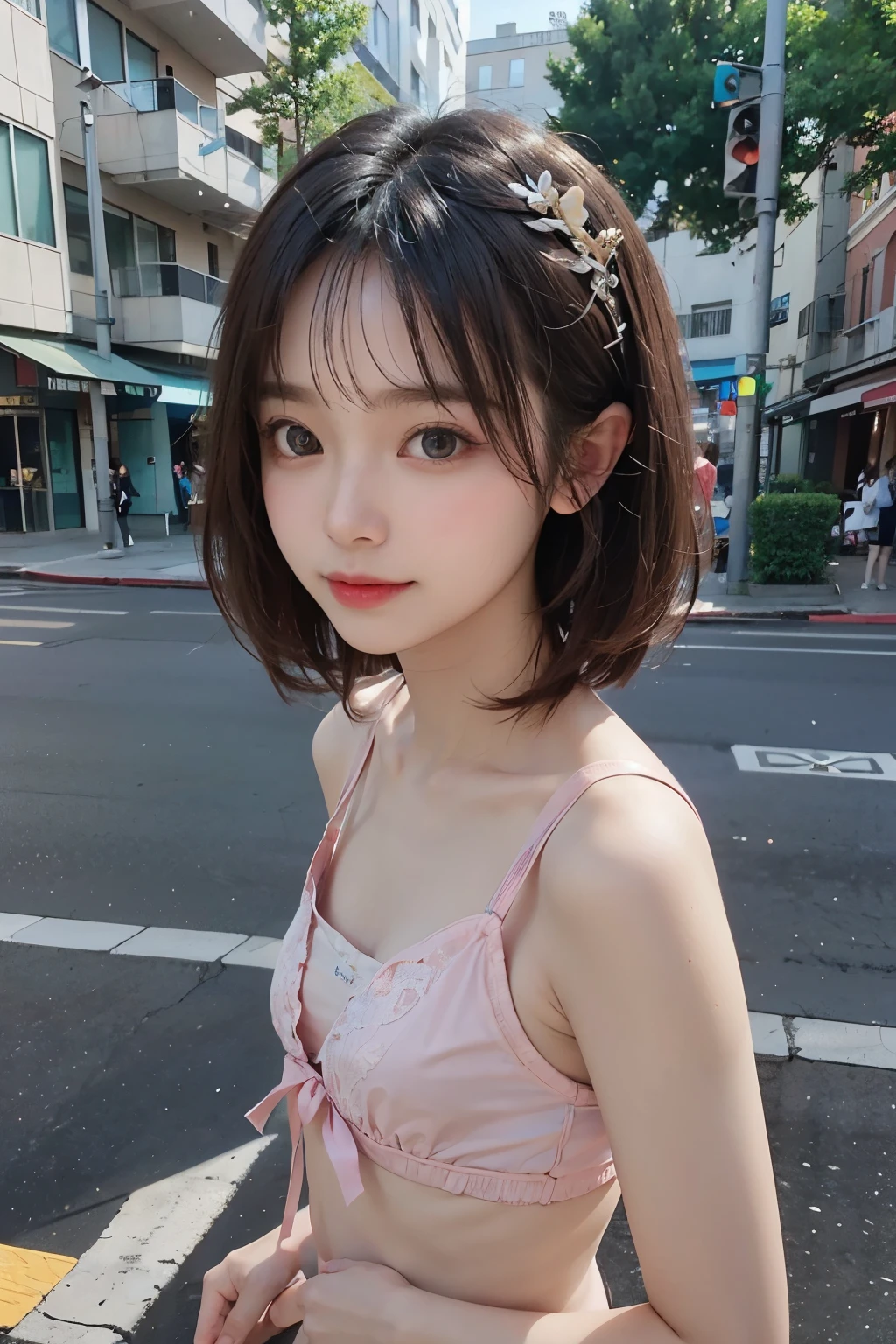 masterpiece、1 beautiful girl、A detailed eye、Puffy eyes、top-quality, 超A high resolution, (Realisticity: 1.4), OriginalPhotographs,cinematlic lighting,slender、(A hyper-realistic)、(hight resolution)、(16K)、(ighly detailed),(ultra-detailliert)、(A detailed face)、looking at viewer,smiling、Facing straight ahead、Black colored eyes、the body is facing forward、Vivid street trees、Hair color is brown、short-cut、Korean high school、The background is a group of urban buildings、The costume is T-shirt or sleeveless dress,kpop Idol star,beautiful girl,Flat Chest,Small Bust,Small Ass,Small waist,Are thin,Slim figure,Light pink underwear,String underwear bikini,Beautiful and cute eyes with narrow, sharp angles,Beautiful Hair,Pink silver hair,
