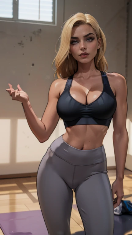 (((ultra realistic))), photo, masterpiece, best quality, trending on artstation, (long blonde hair:1.2), detailed bright blue eyes, heavy eye makeup, mascara, detailed hair, (large breasts:1.2), cleavage(1.1), (detailed skin and pores:1.2), (grey sports bra:1.4), (yoga trousers), (white sneakers) , slim waist, bokeh, depth of field, light beams, soft lighting, glow, (play of light and shadow:1.2), ultra detailed, red hair ,(((ultra realistic))), photo, masterpiece, best quality, trending on artstation, (long blonde hair:1.2), detailed bright blue eyes, heavy eye makeup, mascara, detailed hair, (large breasts:1.2), cleavage(1.1), (detailed skin and pores:1.2), (grey sports bra:1.4), (yoga trousers), (white sneakers) , slim waist, bokeh, depth of field, light beams, soft lighting, glow, (play of light and shadow:1.2), ultra detailed, red hair