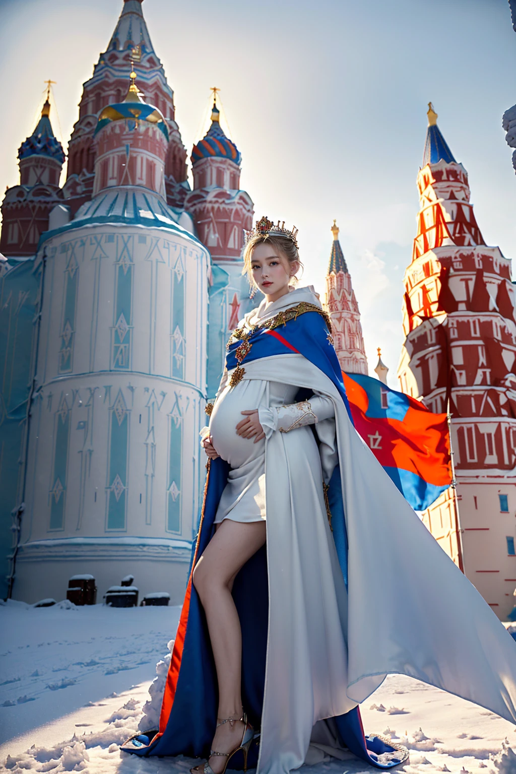 (((8K))),(Really meticulous CG) ,(wallpaper),16,000,(Incredibly stylish and beautiful），（masterpiece:2.0），（best quality:2.0），（초high resolution：1.0），A beautiful light came on，pregnancy, perfect lightning，Realistic Shading，[high resolution],(Smooth, flawless, fair skin:1.5),(Very exquisite facial details),(perfect body:1.1),Ultra-detailed,Beautiful girl,small head,small face,clear face,(pale skin),happy,laugh,((Bun head)),(:1.1),flat chest,slim,thin,laugh,happy,(magnificent crown:1.2),(Wonderful cloak with Russian flag pattern:1.3),(Underneath the cloak was an ornate maxi rococo-style empress gown with the Russian flag pattern..:1.3),(slim 다리:1.2),split,(crystal high heels:1.1),outdoor,in front,(snowfall:1.1),winter,Daytime Scene,((snow landscape)),build,blue sky,clean clouds,Located in Moscow City,(Standing in front of a huge Russian cathedral:1.5),(upper body:1.2)