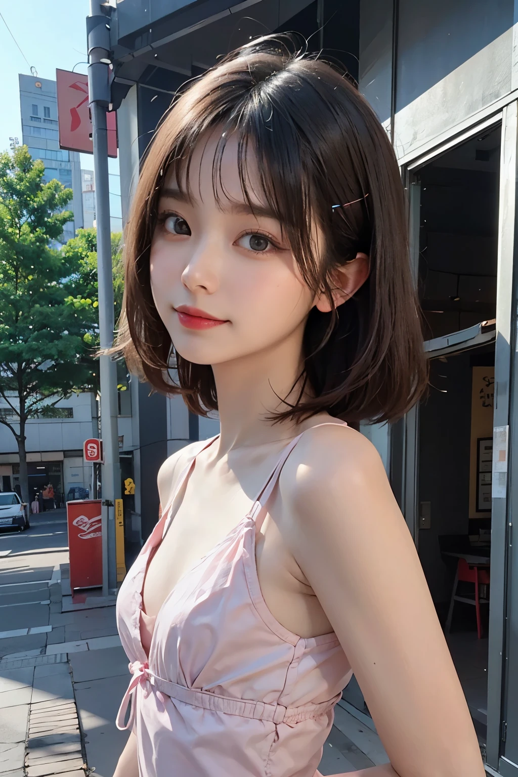masterpiece、1 beautiful girl、A detailed eye、Puffy eyes、top-quality, 超A high resolution, (Realisticity: 1.4), OriginalPhotographs,cinematlic lighting,slender、(A hyper-realistic)、(hight resolution)、(16K)、(ighly detailed),(ultra-detailliert)、(A detailed face)、looking at viewer,smiling、Facing straight ahead、Black colored eyes、the body is facing forward、Vivid street trees、Hair color is brown、short-cut、Korean high school、The background is a group of urban buildings、The costume is T-shirt or sleeveless dress,kpop Idol star,beautiful girl,Flat Chest,Small Bust,Small Ass,Small waist,Are thin,Slim figure,Light pink underwear,String underwear bikini,Beautiful and cute eyes with narrow, sharp angles,Beautiful Hair,Pink silver hair,
