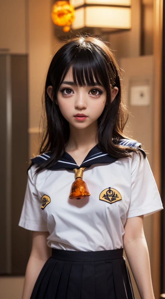 (Hassleblad H6D-400c), (medium format image),(dreamy),(400 mega pixels),(photorealistic:1.4),(RAW photo:1.2),(8k),(masterpiece:1.3),(realistic),(hyper-realistic),ultra-detailed,illustration,(very_high_realistic:1.5),(very_high_resolution:1.5),HDR,CG,unity,8k wallpaper,Amazing,finely detail,official art,extremely detailed CG unity 8k wallpaper,(best quality),incredibly absurdres,ultra-detailed,light on face,cinema lights,cinematic lighting,professional lighting,photon mapping,radiosity,physically-based rendering,solo focus,sharp focus,highres,extremely detailed,extremely delicate and beautiful,intricate detail,facial muscles,beautiful detailed girl,natural makeup,extremely detailed face,looking away,(embarassed,smile, happy, grin, flustered:0.3),japanese girl,((solo)),(very short black hair with bangs),(finely detailed beautiful AMBER Black eyes: 2),symmetrical pupils,extremely detailed pupils,lustrous skin,show Clavicle, perfect skin,(medium_breasts:1.3),slim body,narrow waist,Proper body proportion,perfect body,((sailor uniform:1.5)),